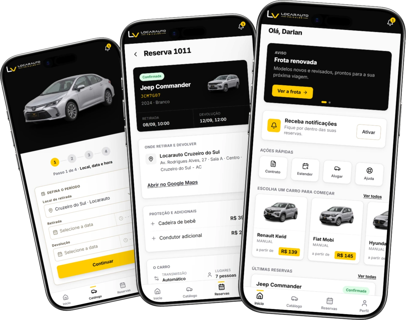 Telas do app da Locarauto: início, reserva e catálogo
